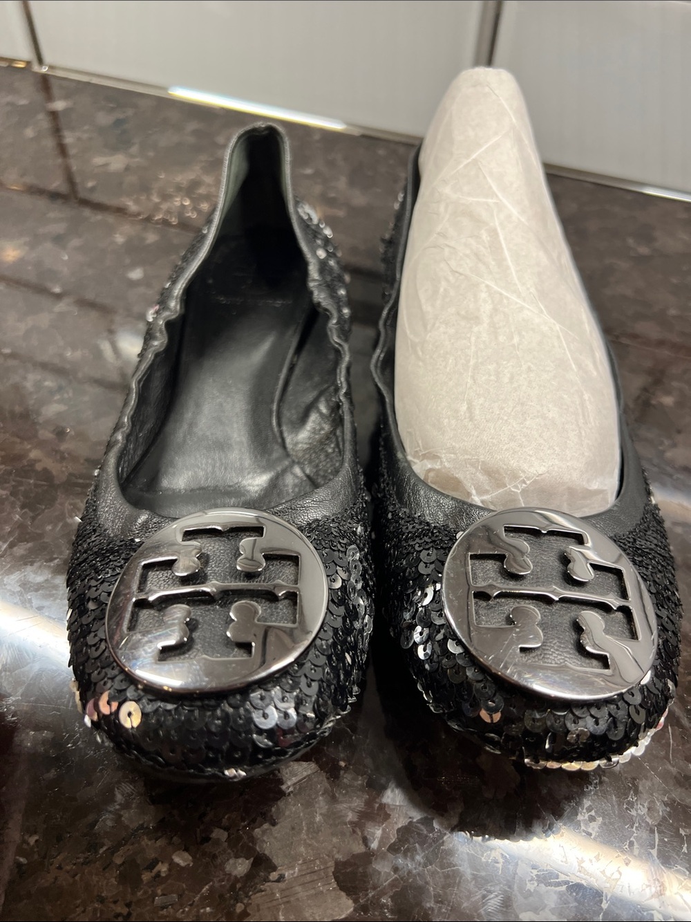 Tory Burch Black Sequin Reva Ballet Flats Size 9M